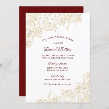 Elegant Burgundy & Golden Roses Bridal Shower Invitations