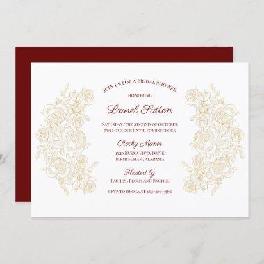 Elegant Burgundy & Golden Roses Bridal Shower Invitations