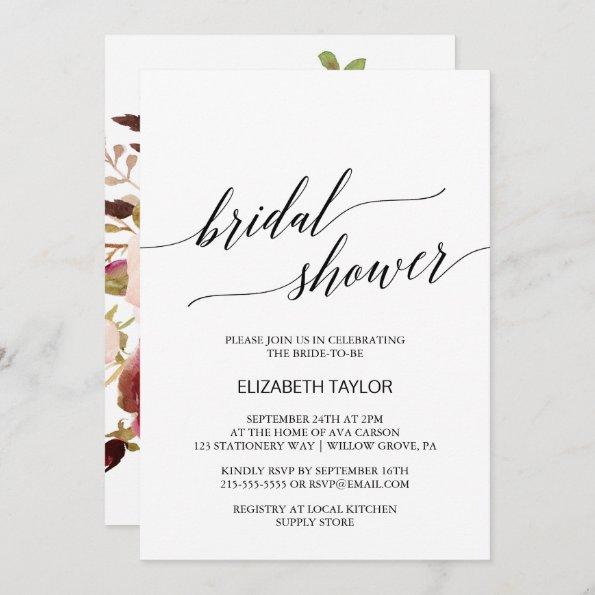 Elegant Calligraphy | Floral Backing Bridal Shower Invitations