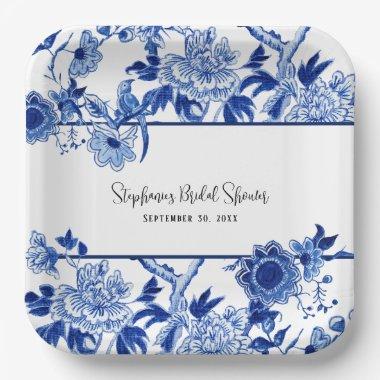Elegant Chinoiserie Floral Blue and White Bridal  Paper Plates