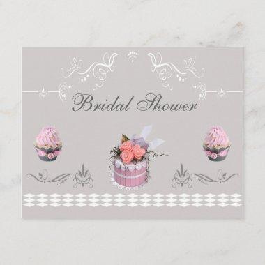Elegant Cupcakes Pink & Grey Bridal Shower Invitations