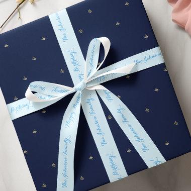 Elegant Custom Blue Name Happy Birthday Gift Wrap Satin Ribbon