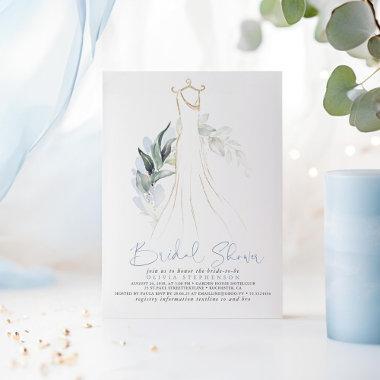 Elegant Dusty Blue and Gold Greenery Bridal Shower Invitations