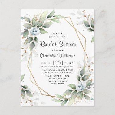 Elegant Dusty Blue Foliage Bridal Shower Invitations