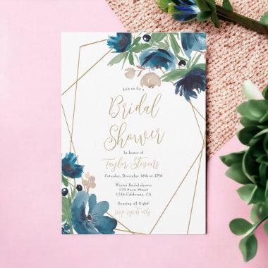 Elegant dusty blue gold Floral Bridal Shower Invitations