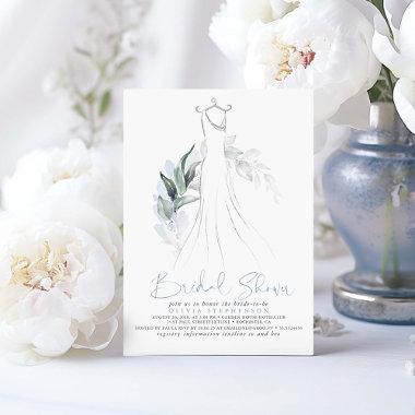 Elegant Dusty Blue Silver Greenery Bridal Shower Invitations