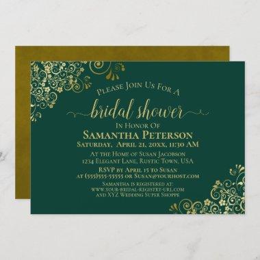 Elegant Emerald & Gold Lace Frills Bridal Shower Invitations