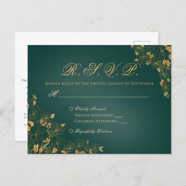 Elegant Emerald Green & Gold Floral Wedding RSVP PostInvitations