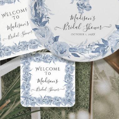 Elegant Floral Blue Chinoiserie Bridal Shower Square Paper Coaster