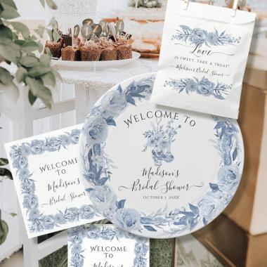 Elegant Floral Blue White Welcome Bridal Shower Paper Plates