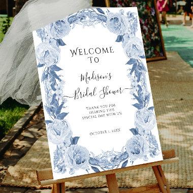Elegant Floral Blue White Welcome Bridal Shower Poster