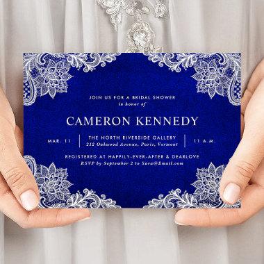 Elegant Floral Lace Royal Blue Bridal Shower Invitations