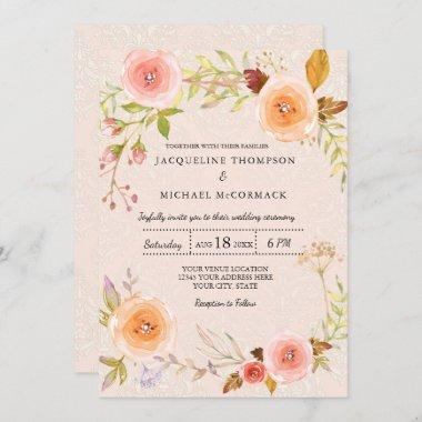 Elegant Floral n Damask Bridal Shower Wreath Invitations
