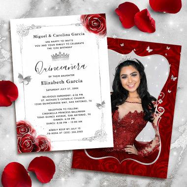 Elegant Floral Silver and Red Quinceanera Photo Invitations