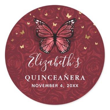 Elegant Gold and Burgundy Butterfly Quinceanera Classic Round Sticker