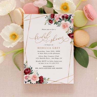 Elegant Gold Burgundy Blush Floral Bridal Shower Invitations