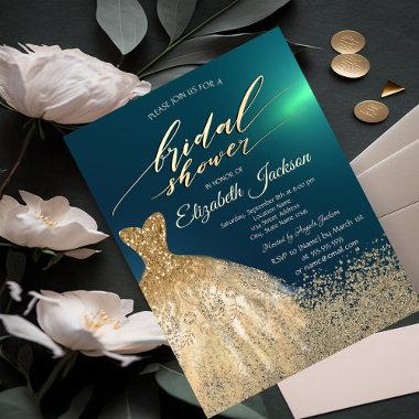 Elegant Gold Diamonds Dress Green Bridal Shower Invitations