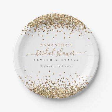 Elegant Gold Glitter Name Date Bridal Shower Paper Plates