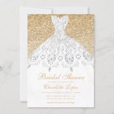 Elegant Gold Glitter Wedding Dress Bridal Shower Invitations