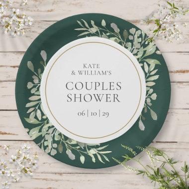 Elegant Gold Greenery Emerald Green Couples Shower Paper Plates