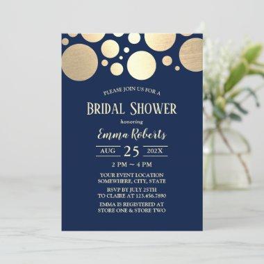 Elegant Gold Polka Dot Navy Blue Bridal Shower Invitations