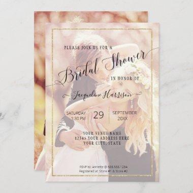 Elegant Gold Simple Script Bridal Shower Photo Invitations