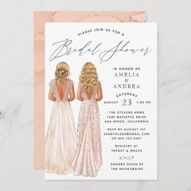 Elegant Gown Bridal Shower Two Girls Invitations