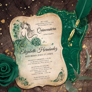 Elegant Green Gold Princess Quinceanera Birthday Invitations
