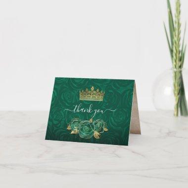 Elegant Green Rose Gold Crown Watercolor Folded Thank You Invitations