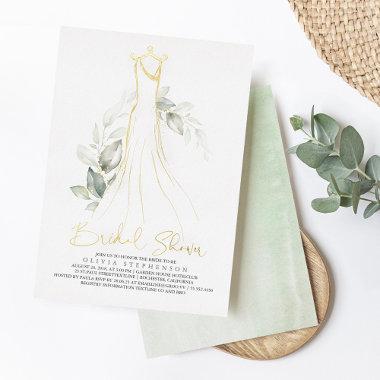 Elegant Greenery and Wedding Dress Bridal Shower Foil Invitations