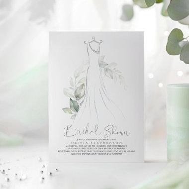 Elegant Greenery and Wedding Dress Bridal Shower Invitations