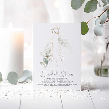 Elegant Greenery and Wedding Dress Bridal Shower Invitations