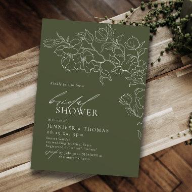 Elegant hand drawn floral sage green Bridal Shower Invitations