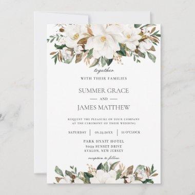 Elegant Ivory Magnolia Floral Greenery Wedding Invitations