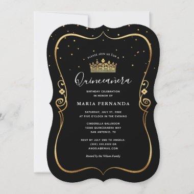 Elegant Luxurious Gold and Black Quinceanera Invitations