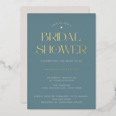 Elegant Modern Dusty Blue Gold Star Bridal Shower Foil Invitations