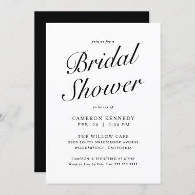 Elegant Modern Script Black + White Bridal Shower Invitations