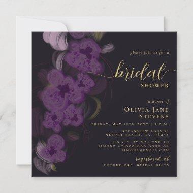 Elegant Moody Black Purple Orchids Bridal Shower Invitations