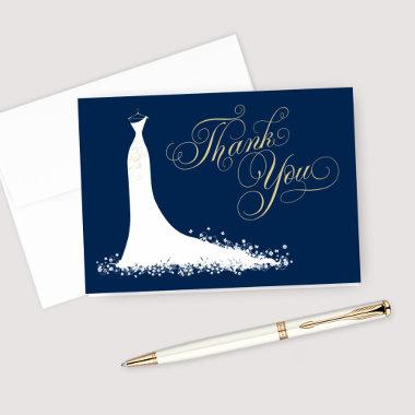 Elegant Navy and Gold Wedding Gown Bridal Shower Thank You Invitations