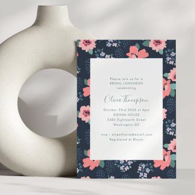 Elegant Navy Blue Country Floral Bridal Luncheon Invitations