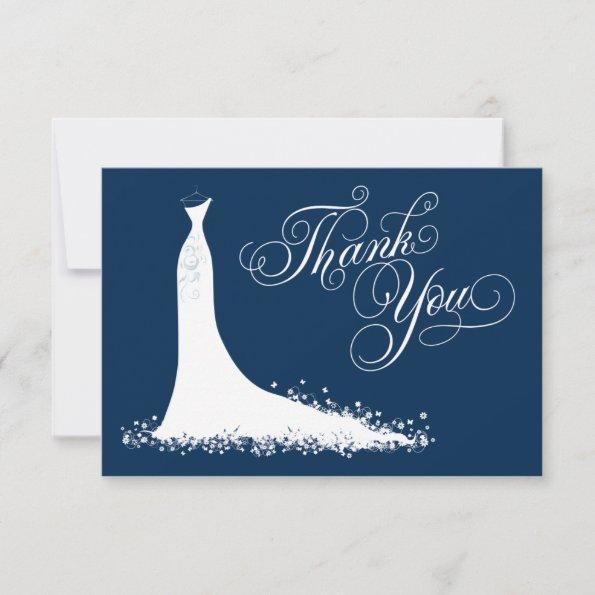 Elegant Navy Blue White Wedding Gown Bridal Shower Thank You Invitations