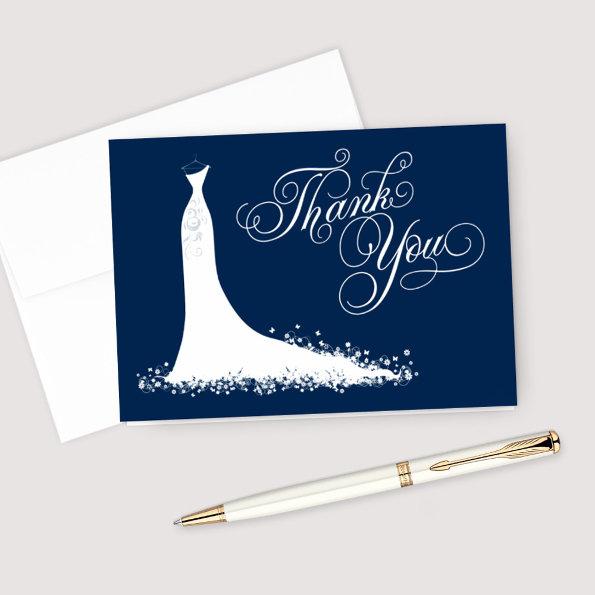 Elegant Navy Blue White Wedding Gown Bridal Shower Thank You Invitations