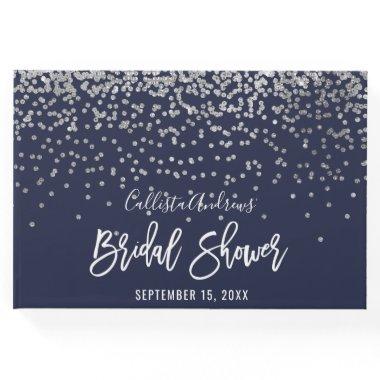 Elegant Navy Silver Glitter Confetti Bridal Shower Guest Book