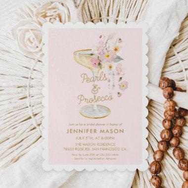 Elegant Pearls and Prosecco Pink Bridal Shower Invitations