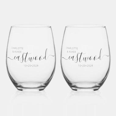 Elegant Personalized Script Couple Name Wedding Stemless Wine Glass