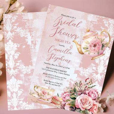 Elegant Pink Floral High Tea Bridal Shower Invitations