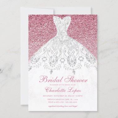 Elegant Pink Glitter Wedding Dress Bridal Shower Invitations