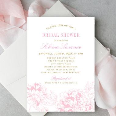 Elegant Pink Gold Floral Peony Wedding Shower Invitations