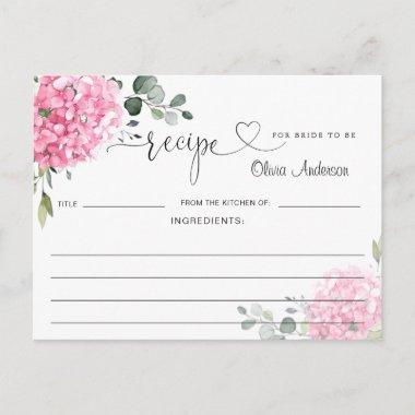 Elegant Pink Hydrangea Bridal Shower Recipe Invitations