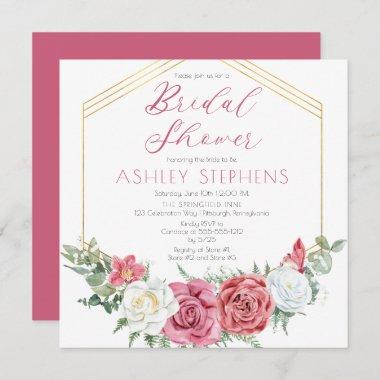 Elegant Pink Rose | Gold Frame Bridal Shower Invit Invitations